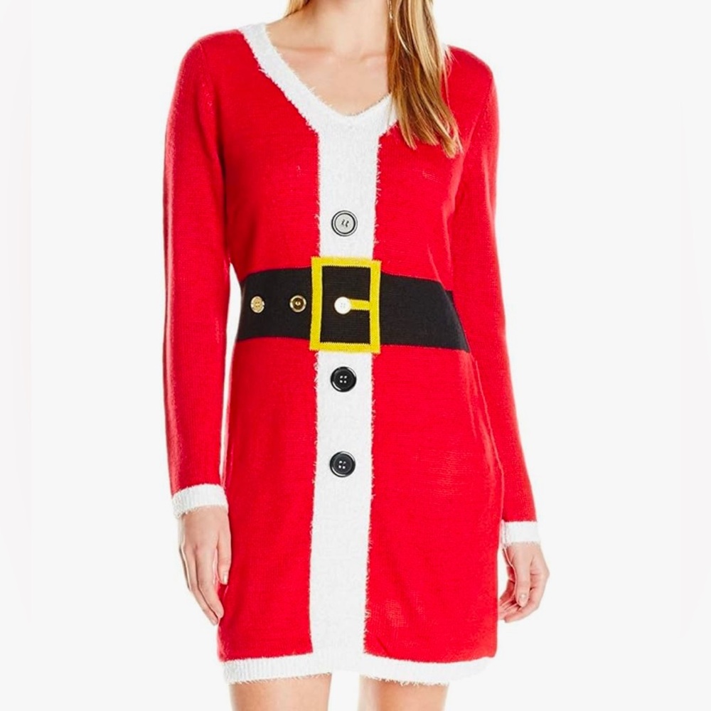 Allison Brittney Women's One Size Santa Suit V-Neck Ugly Christmas Sweater Dress